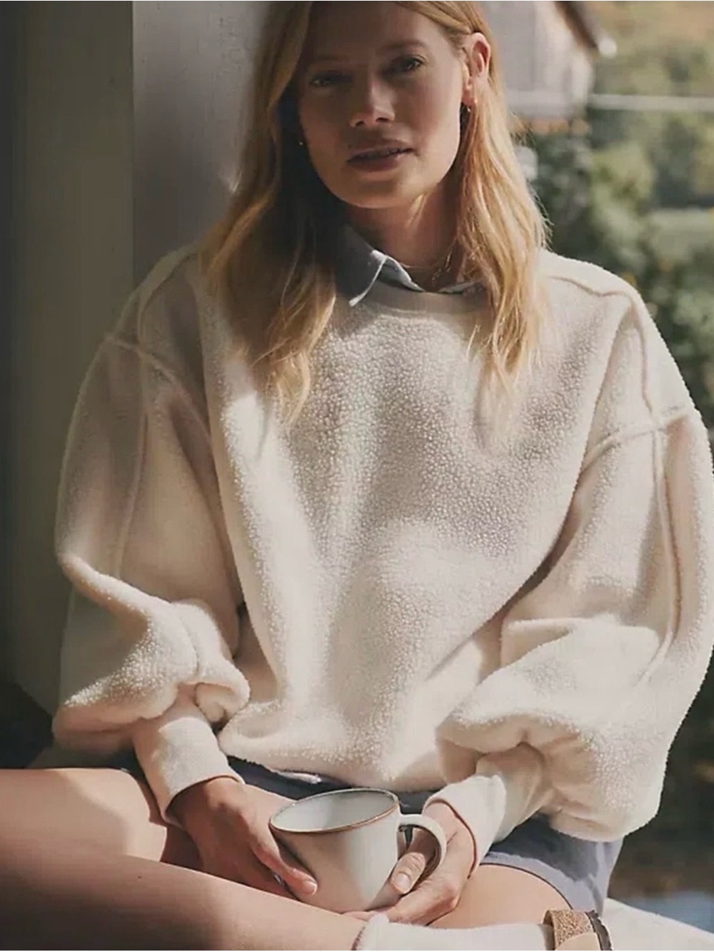 Pilcro Cream Sherpa Crewneck Pullover